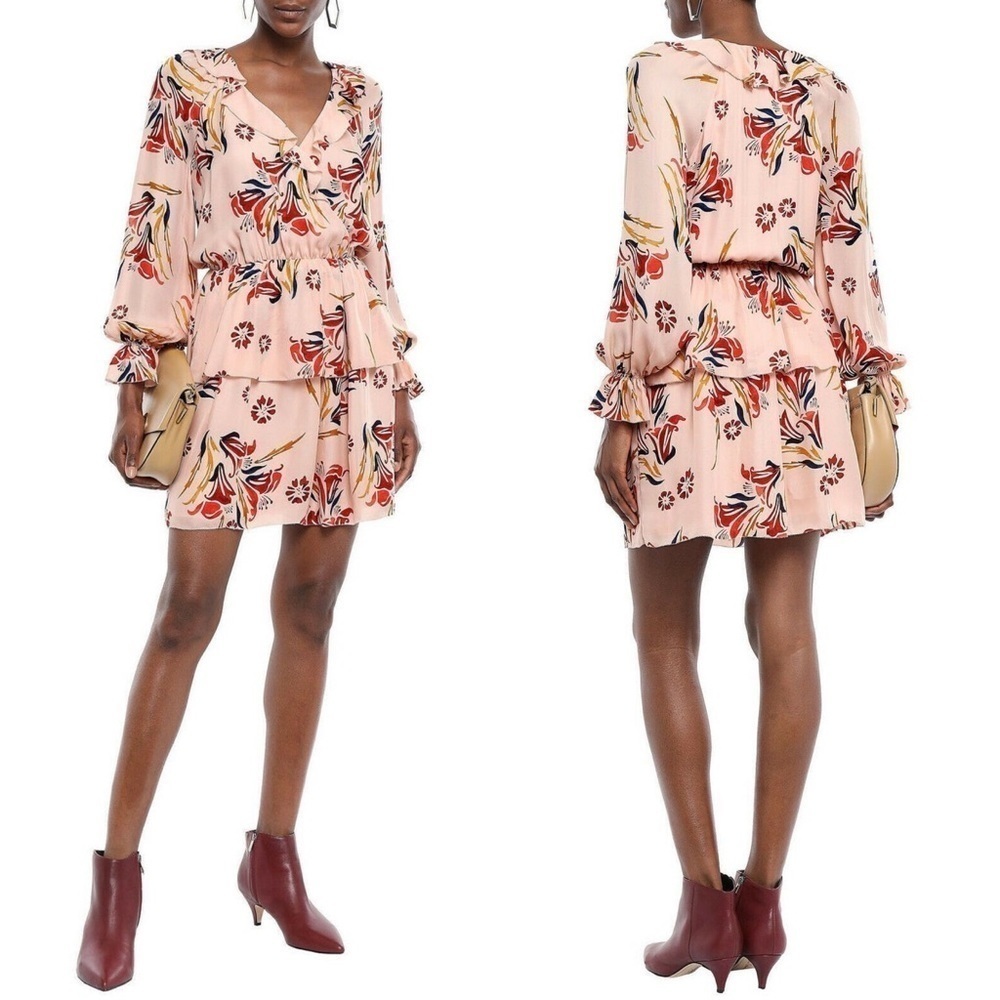 Joie Nour Floral Ruffle V Neck Long Sleeves Pink Silk Mini Dress Size XS